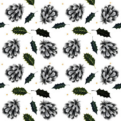 Seamless pattern with pine cones and holly leaves. Hand draw illustration
