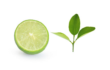 Fresh natural lemon sliced ​​and green leaves on white background