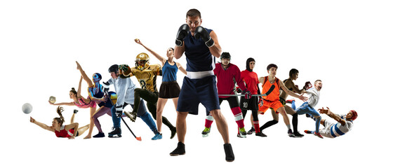 Sport collage of professional athletes or players on white background, flyer. Made of different photos of 12 models. Concept of motion, action, power, target and achievements, healthy, active