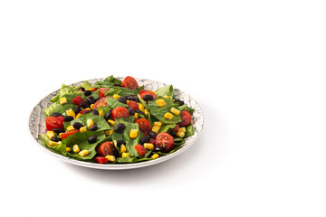 Mexican salad with black beans, corn,tomatoes,lettuce and pepper isolated on white background