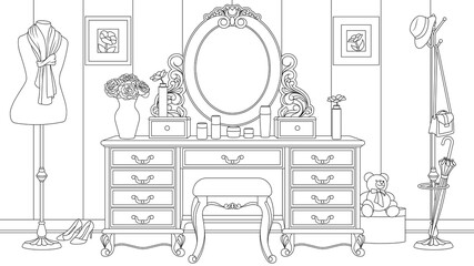 Vector illustration, room with a lady's table with decorations, coloring book