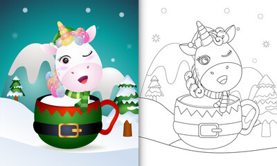 coloring book with a cute unicorn christmas characters with a hat and scarf in the elf cup