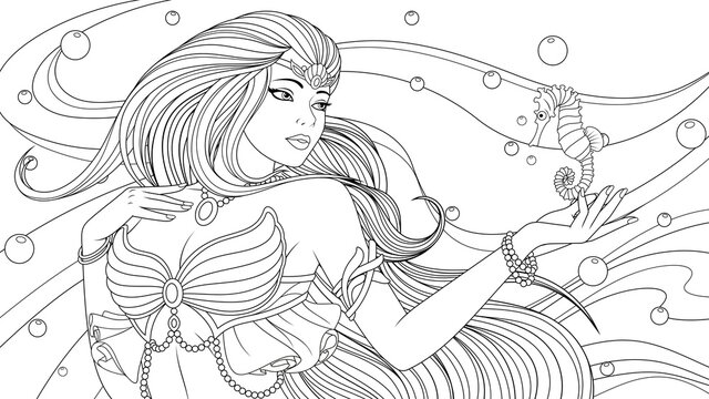 Vector illustration, beautiful girl sea princess and seahorse, coloring book.