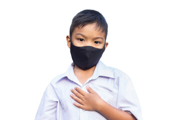 Young  Asian​ child boy wearing fabric mask and holding Alcohol spray bottle in his hand for prevent Corona virus or Covid-19 disease. Washing and cleaning hand by Alcohol gel. Health care and kid.