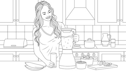 Vector illustration, beautiful girl preparing breakfast in the kitchen.