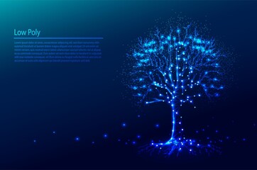 Polygonal tree on dark blue tech background, triangles and particle style design. 