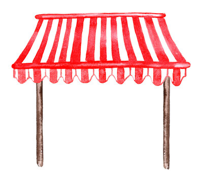 recommend clip art: Red and white striped awning with wooden pegs for shop, cafe, street restaurant, market. One single object, front view. A hand-drawn watercolor sketch-painting, a cut-out element of a clip art for des
