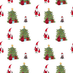 Christmas seamless pattern with Santa Claus and christmas tree. Hand painted illustration