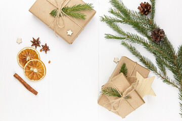 Christmas flat lay composition on white wooden background