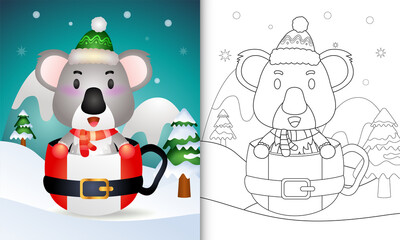coloring book with a cute koala christmas characters with a hat and scarf in the santa cup
