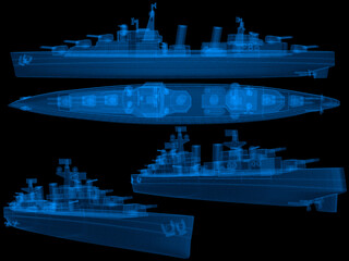 Military ship 3d wireframe with thin blue lines. Navy futuristic hologram on black background. 3d illustration