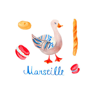 Watercolor set of a cute pet hand drawn in orange, blue colors. Clip art with goose, macaroons, beret, baguette on white isolated background, design for social networks, cards, banners, posters.