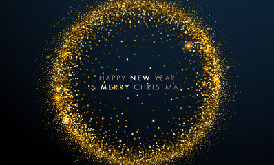Golden glitter particles brush stroke background for Christmas and New Year holiday background. Vector illustration.
