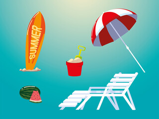 summer vacation travel, umbrella surfboard bucket deck chair and watermelon icons