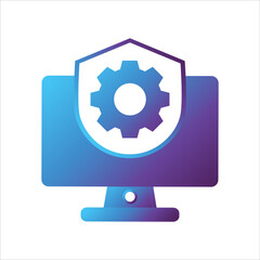 computer illustration. computer with shield and setting gear symbol. Concept of safe computing. gradient style Vector illustration, vector icon concept.