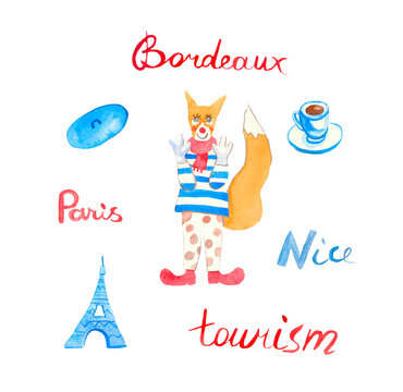 Watercolor set of a cute animal hand drawn in orange, blue colors. Clip art with foxes, lettering, coffee on white isolated background, design for social networks, cards, banners, posters.