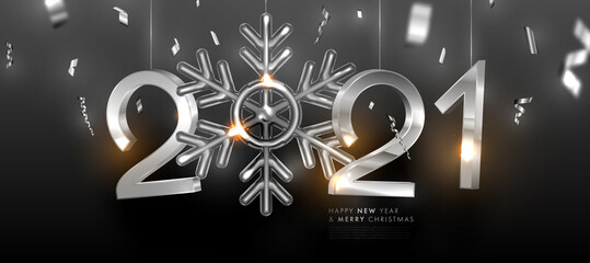 2021 3d silver numbers for Christmas and New Year posters and holiday winter invitations with gold glitter and confetti Xmas decorations. Vector illustration