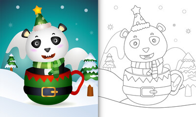 coloring book with a cute panda christmas characters with a hat and scarf in the elf cup