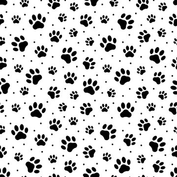 Pet prints. Paw seamless pattern. Cute background for pets, dog or cat. Foot puppy. Black silhouette shape paw. Footprint pet. Animal track. Trace foot dog, cat. Design walks pet for print. Vector