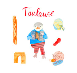 Watercolor set of a cute animal hand drawn in orange, blue colors.Clip art with snail,penguin,coffee,cheese,baguette on white isolated background. Design for social networks,cards,posters.