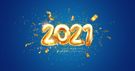 Obraz na płótnie Canvas 2021 3d golden numbers for Christmas and New Year posters and holiday winter invitations with gold glitter and confetti Xmas decorations. Vector illustration