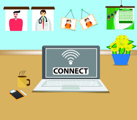 workspace view ilustration with laptop, coffee, flowwer on the table, calender,photos on the blue wall