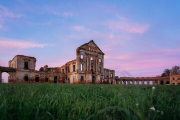 Fototapeta na wymiar Ruzhany Palace, Ruins of Medieval Ruzhany Palace of Sapieha Complex. Landmark of Belarus with elements of late Baroque and Classicism