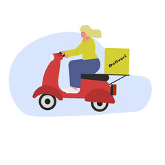 Girl courier blonde without helmet courier on a scooter. Vector illustration in flat style