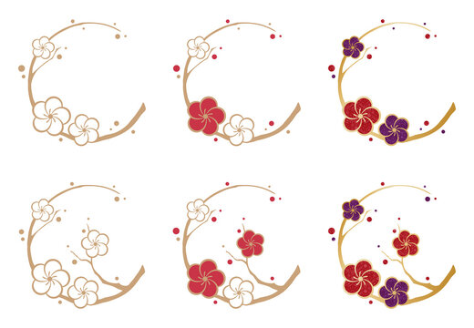 梅の枝の丸いフレーム_和風イラスト素材セット