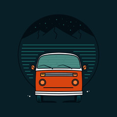 Illustration of van car adventure in dark color style. Flat design adventure van with mountain background. Illustration design for apparel products, mugs and wall posters © Teeszone