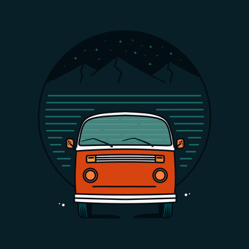 Illustration of van car adventure in dark color style. Flat design adventure van with mountain background. Illustration design for apparel products, mugs and wall posters