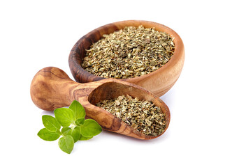 Oregano or marjoram leaves isolated on white background. Oregano fresh and dry.