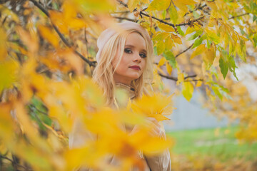 Young autumn woman on fall nature background