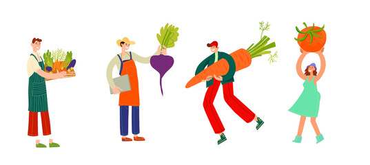 Local organic production cartoon vector illustration. Eat Local - vector print and lettering. People farmers in modern style at the farmers market.