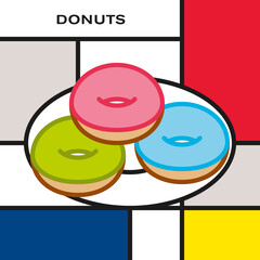 Three  multicolor glazed donuts on a plate. Modern style art with rectangular colour blocks. Piet Mondrian style pattern.