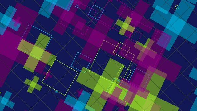 Animation of various geometrical shapes with several transitions, transformations and rotations in space during time sequence.
