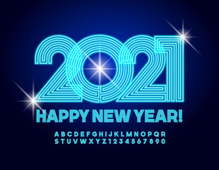 Vector glowing greeting card Happy New Year 2021! Blue electric Font. Neon light creative Alphabet Letters and Numbers set