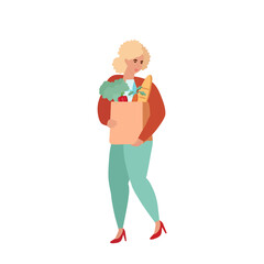 A girl with a bag of food and vegetables,bread and milk in her hands. Vector illustration in flat style.