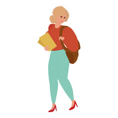 Vector illustration of a student. Cute blonde student with a backpack and books. Illustration in flat style