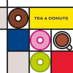 Three multicolor glaze decorated donuts with tea cup. Modern style art with rectangular colour blocks. Piet Mondrian style pattern.