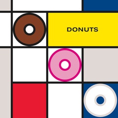 Three multicolor glazed donuts. Modern style art with rectangular colour blocks. Piet Mondrian style pattern.