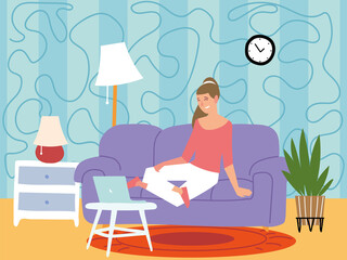 female character is sitting in a sofa and working on a laptop, indoor activities