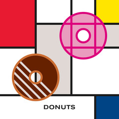 Two glazed decorated donuts. Pink and brown decorated donuts. Modern style art with rectangular colour blocks.