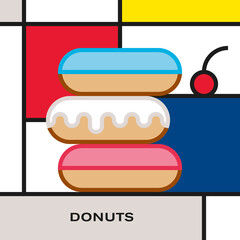 Three multicolor glazed donuts with cherry berry. Modern style art with rectangular colour blocks. Piet Mondrian style pattern.