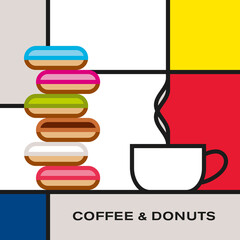 Coffee cup with smoke and six multicolor glazed donuts. Modern style art with rectangular colour blocks. Piet Mondrian style pattern.