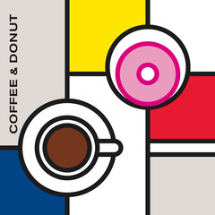 Coffee cup with glazed pink donut on saucers. Modern style art with rectangular colour blocks. Piet Mondrian style pattern.