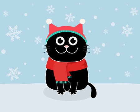 Black Cat in winter headwear and snow on blue background. Hello Winter, Happy New Year and Merry Christmas concept.