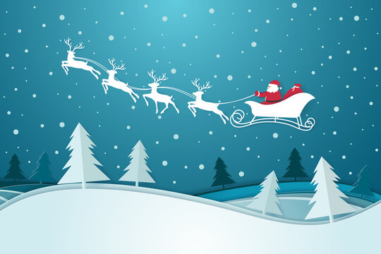 Snow with Santa driving his sleigh in forest. Happy New Year and Merry Christmas concerpt, eps 10 vector.