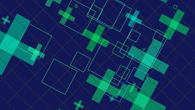 Animation of various geometrical shapes with several transitions, transformations and rotations in space during time sequence.
