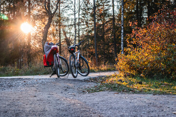 Fototapeta premium Two bike on the lawn trip walk tourism vacation in nature sport activity freedom